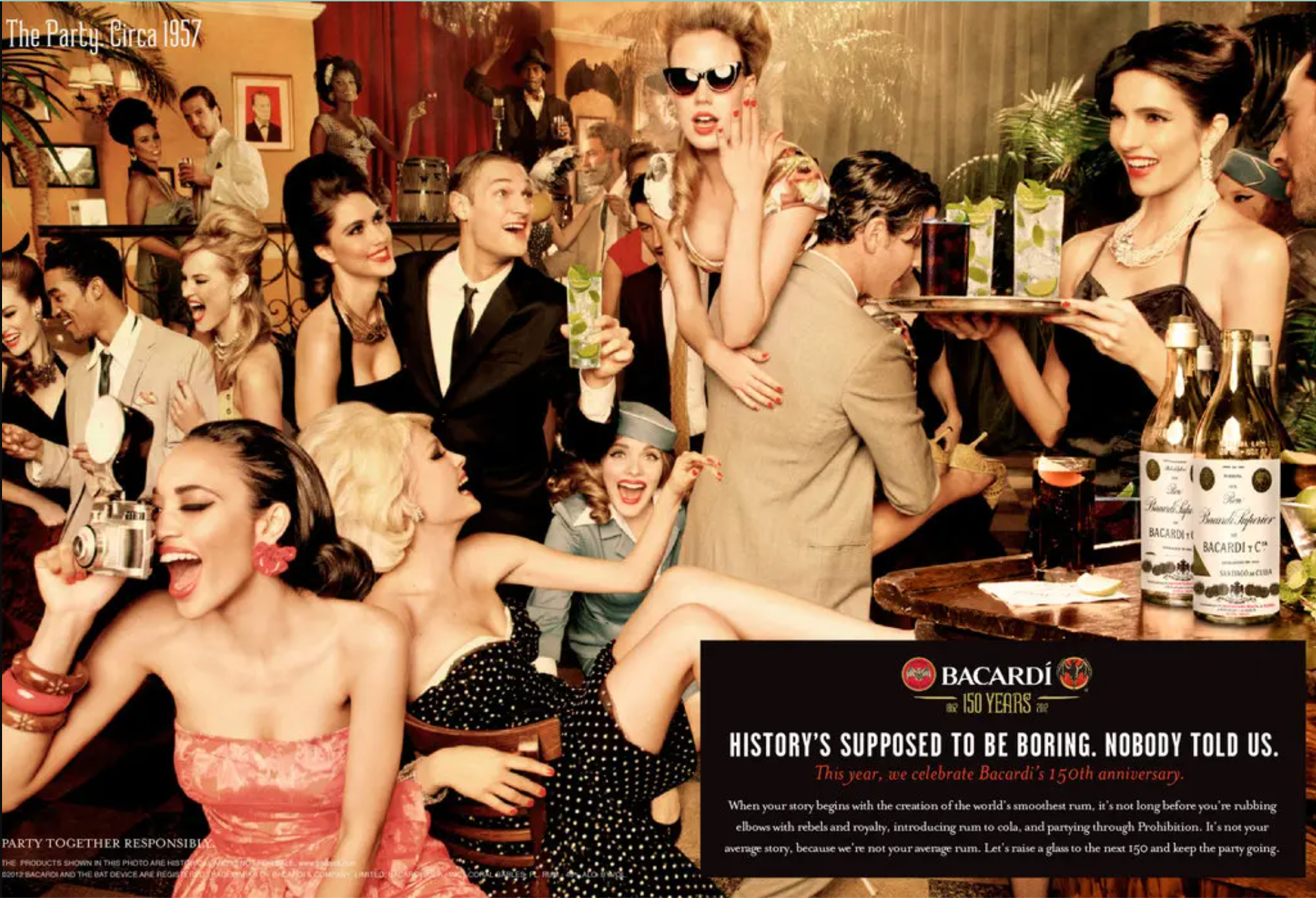 An ad for Bacardi shows a wild party in the 1950s